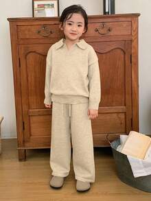 Dazy Kids Young Girl Solid Color Drop Shoulder Long Sleeve Sweater And Drawstring Waist Knit Pants Casual Suit, Autumn - Apricot - View 3