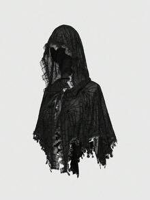 ROMWE Goth 女士哥特式黑色蜘蛛网连帽斗篷 - 黑色 - 查看 2