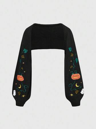 Fairycore Women's Casual Halloween Pumpkin & Leaf Embroidered Long Sleeve Cardigan Sweater