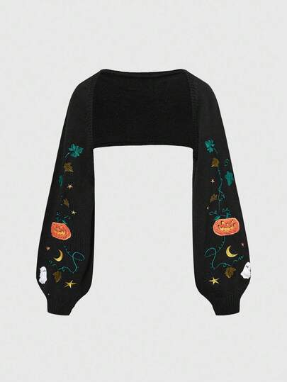 Fairycore Women's Casual Halloween Pumpkin & Leaf Embroidered Long Sleeve Cardigan Sweater