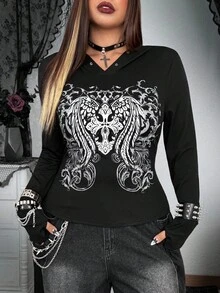 Whyspr 图案印花连帽金属孔眼长袖修身深色大码女式T恤 - 黑色 - 查看 5