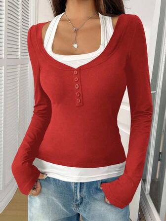 Zielony Retro American Style Color Block Long Sleeve T-Shirt, Casual Slim Fit Top For Autumn