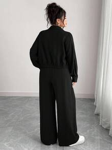Elenzga 大码女式法式浪漫西西里优雅休闲通勤度假纯棕色衬衫领隐形门襟松紧下摆长袖衬衫 + 松紧腰工装裤套装，春/秋/冬 - 黑色 - 查看 2