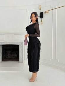 Shopreo Women's Elastic Net Flared Collar Ruffled Hem Fitted Elegant Dress, Spring/Summer - Black - View 6