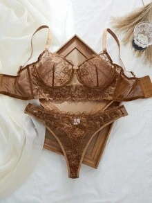 SHEIN 2pcs Plus Size Women Black Embroidery Lingerie Set, Hollow Out Sheer Thin Long Boned Underwear Set Transparent Lingerie Boobless Lingerie Set Hollow Out Lingerie Brown Lingerie Brown Lace Bra - Coffee Brown - View 3