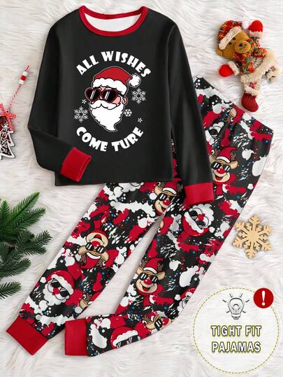 1set Tween Boys Christmas Santa Claus & Deer Print Snug Fit Round Neck Long Sleeve Top And Pants Pajama Set, Holiday Gift Boys Christmas Pjs