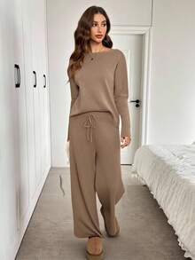 SHEIN LUNE 2 pièces Ensemble pull oversize à manches chauve-souris et pantalon large en tricot, tenue en tricot décontractée, élégante et vintage pour femmes en automne/hiver