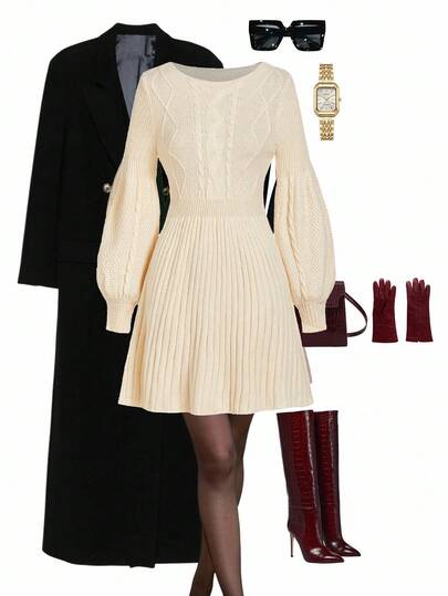 Ellevyn Women Casual Twist Pattern Round Neck Long Sleeve Knitted Sweater Dress, Winter, Fall Outfit, Winter Clothes