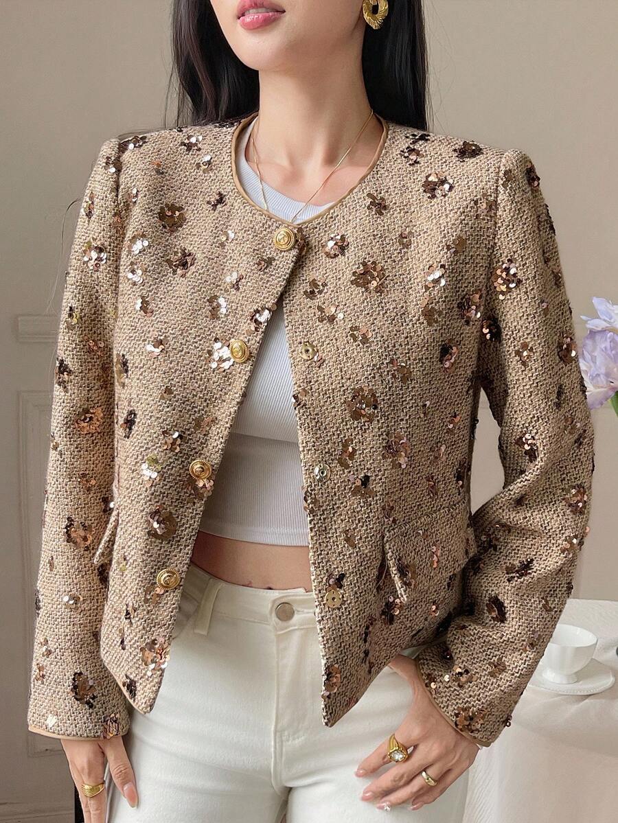 DAZY 女士花卉亮片装饰圆领长袖优雅开衫，适合秋冬季节穿着，可作外套或大衣 - 金色 - 查看 1