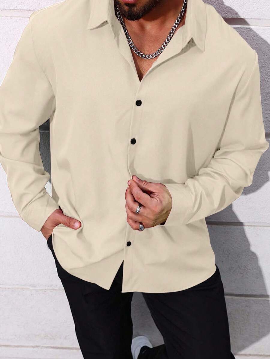 Manfinity Homme Áo sơ mi nam tay ngắn cài nút phía trước, dáng rộng, thường ngày, đa năng, màu trơn - Màu Khaki - Xem 1