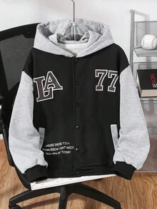 Kurtka uniwersytecka z kapturem dla nastoletnich chłopców, z nadrukiem w kształcie cyfry 77 i litery AL, z podszewką termiczną, odpowiednia na jesienno-zimowe aktywności na świeżym powietrzu - Czarne - Zobacz 4