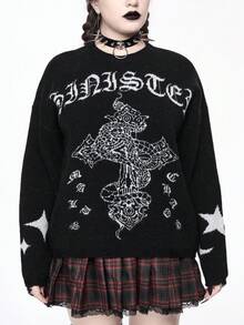 ROMWE Pullover gothique grande taille motif croix serpent latin symbole étoile lune noir, Top de style gothique de rue grande taille pour l'automne/hiver en noir, pullover tricoté grande taille à manches longues en noir, gilet tricoté grande taille pour l'automne/hiver, vêtements grande taille pour femmes pour Halloween, Noël, vacances, style gothique, décontracté, streetwear, pull grande taille pour femmes - Noir - Voir 4