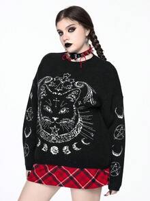 ROMWE Chandail ample de style gothique avec motif de lune et de croix pour Noël, grande taille. Chandail à manches longues pour l'automne/hiver pour femmes de grande taille. Chandail ample à motif de chat, de lune et d'étoiles gothique mignon pour femmes de grande taille. Chandail pour femmes de grande taille - Noir - Voir 5
