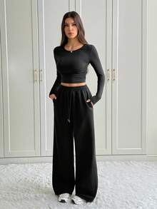 SHEIN Tall 2 件套女士纯黑色休闲家居服套装，长袖上衣和裤子，适合秋冬季，高码 - 黑色 - 查看 4