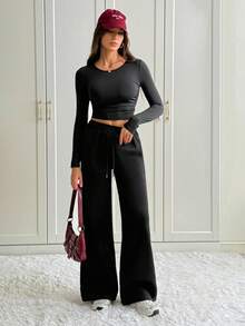 SHEIN Tall 2 件套女士纯黑色休闲家居服套装，长袖上衣和裤子，适合秋冬季，高码 - 黑色 - 查看 6