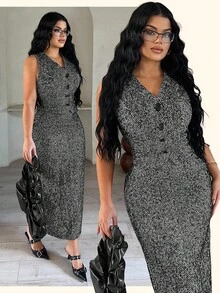 SHEIN SXY Blusa informal de negocios para mujer en negro y blanco, falda, uniforme de trabajo