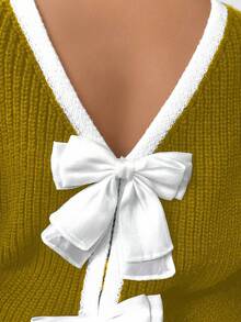 Elenzga Sweater Lengan Panjang Kerah Bulat Kasual Wanita Ukuran Besar dengan Pita, Musim Gugur/Musim Dingin - Mustard Yellow - View 3