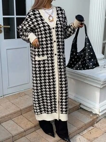 DAZY Cardigan long décontracté en tricot à manches longues avec poches et épaules tombantes, motif pied-de-poule, automne/hiver pour femmes - Noir - Voir 2