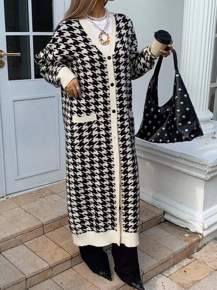 Women's Houndstooth Dropped Shoulder Long Sleeve Pocket Design Long Casual Knit Cardigan, Autumn/Winter
