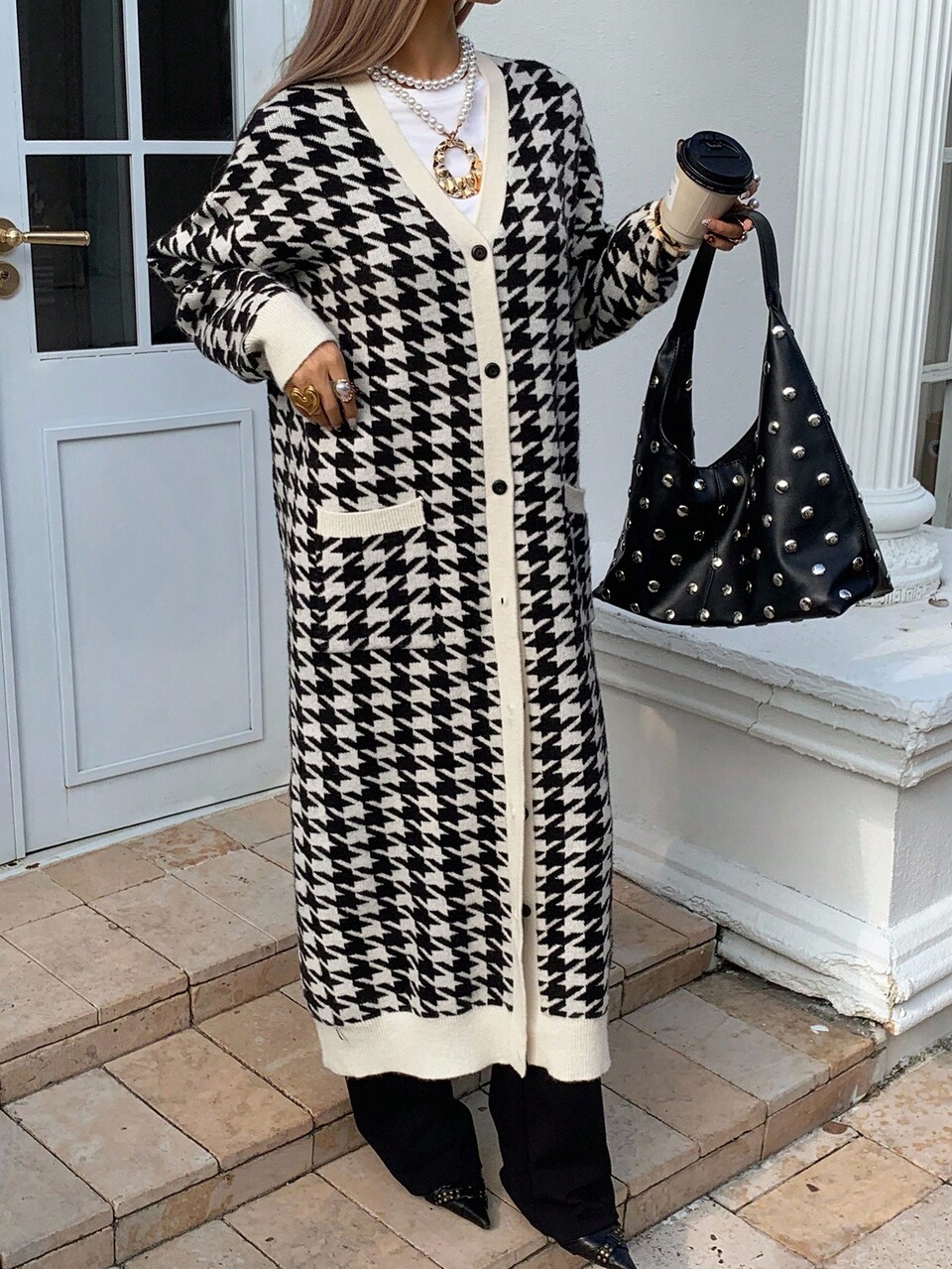 Women's Houndstooth Dropped Shoulder Long Sleeve Pocket Design Long Casual Knit Cardigan, Autumn/Winter