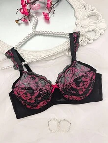 SHEIN Sutien cu armătură sexy din dantelă pentru femei, mărime plus, cu ridicare - Roz fierbinte - Vizualizare 8