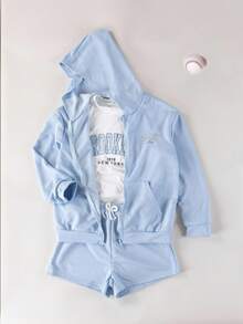 1 套青少年女孩休闲时尚浅蓝色拉链长袖连帽衫和配套短裤，春夏 - 淺色水洗藍 - 查看 2