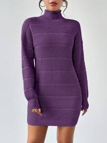SHEIN LUNE 女式休闲罗纹针织高领毛衣裙，秋冬 - 紫色 - 查看 5