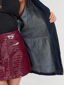 Avantive Blue Denim Jacket With Metal Buttons Fall Winter Christmas New Year Women Elegant Casual Thanksgiving Church Women Autumn Winter Belted Denim Jacket Christmas Elegant Denim Jacket With Belt Denim Shacket - Dark Wash - View 8