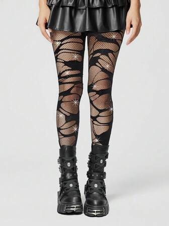 Grunge Punk 1 Set: 1 par de medias de red estilo minimalista Y2K con estética oscura y agujeros + 1 par de calcetines de red negra simple estilo Y2K, medias versátiles aptas para uso diario, fiestas y salir de fiesta