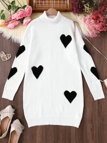 Tween Girl Heart Pattern High Neck Drop Shoulder Long Sleeve Casual Knit Dress,Black And White Cute Autumn Holiday Back-To-School Christmas Sweaters - Multicolor - View 2
