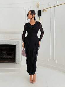 Shopreo Women's Elastic Net Flared Collar Ruffled Hem Fitted Elegant Dress, Spring/Summer - Black - View 5