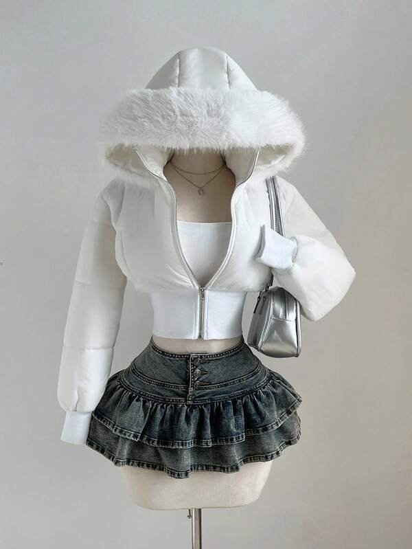 Elamini Abrigo corto acolchado con capucha de piel, cuello alto, manga larga y cintura ceñida, en color albaricoque con parches, adecuado para otoño/invierno