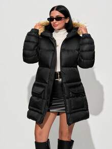 Cappotti invernali lunghi da donna con cappuccio e dettagli in piuma di colore unito