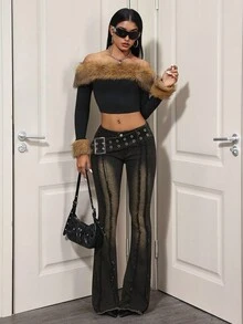 SHEIN Tall Modische, sexy Jeans mit weitem Bein, tiefer Taille und Vintage-Waschung - Schwarz - Übersicht 6
