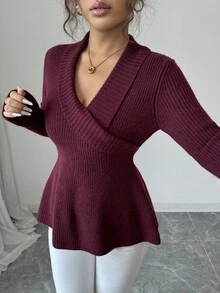 SHEIN Elenzya 女式优雅交叉领荷叶边下摆纯色长袖毛衣，秋冬 - 玫紅色 - 查看 6
