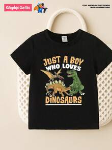 男婴休闲可爱卡通恐龙和“JUST A BOY WHO LOVES DINOSAURS”字母图案圆领短袖T恤 男童恐龙服装恐龙服装 - 黑色 - 查看 5