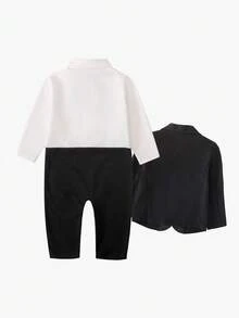 SHEIN 2 件套男婴奢华长袖翻领口袋夹克和燕尾服裤子套装，绅士正装适合生日派对、婚礼、圣诞节、感恩节、万圣节和正式场合，秋冬 - 彩色 - 查看 2