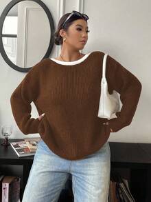 Elenzga Sweater Lengan Panjang Kerah Bulat Kasual Wanita Ukuran Besar dengan Pita, Musim Gugur/Musim Dingin - Coffee Brown - View 3