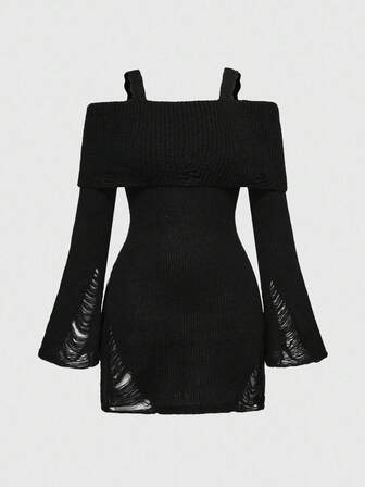ROMWE Avant فستان كنزة صوفية نسائي مضغوط مصنوع من الدانتيل والتريكو مع كتف مكشوف