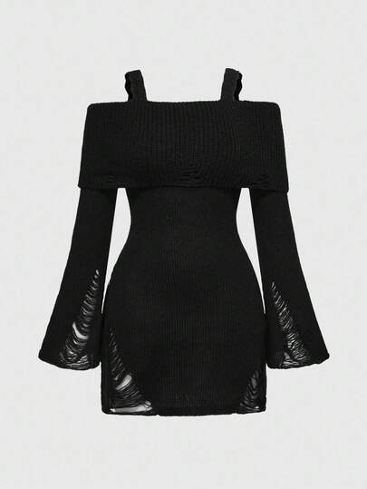 ROMWE Avant Robe pull ajustée pour femme en tricot déchiré avec patchwork en dentelle épaules dénudées