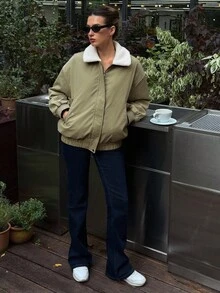 DAZY 女士休闲宽松版型飞行员夹克，人造毛领，长袖，带口袋，街头风格，秋冬女式外套 - 綠色 - 查看 6