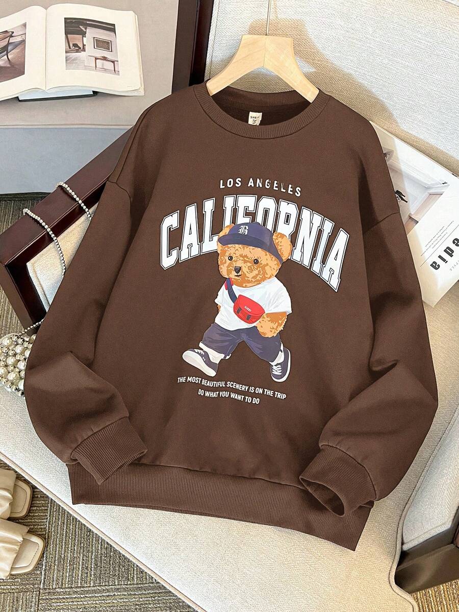 青少年女孩棕熊与字母图案宽松圆领套头衫秋冬装 FGirlmen