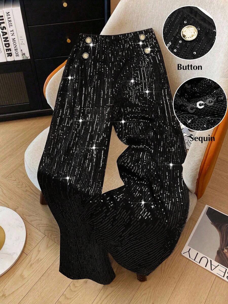 GlowEve CURVE Christmas Plus Size Fashionable Commuter Sequins Wide-Leg Pants - Black - View 1