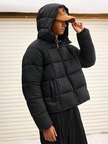 SWAVVY Men's Solid Color Zip-Up Casual Hooded Jacket, Winter - Black - View 6