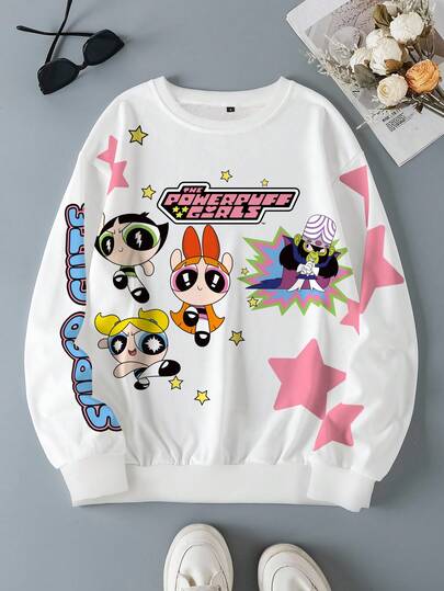 THE POWERPUFF GIRLS X SHEIN 女士休闲花朵、泡泡、毛茛图案圆领运动衫，秋季