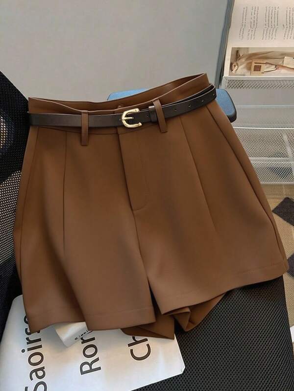 Franclia Casual Commuter Fashionable Versatile Mid-High Waist With Belt Summer New Solid Color Women Shorts