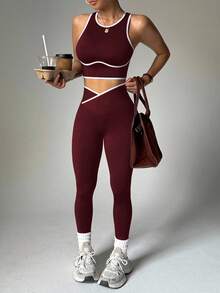 Dewbera Contrast Trim Hollow Back Camisole & Leggings Sports Suit - Brown - View 4