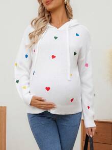 SHEIN 孕妇休闲心形刺绣抽绳连帽落肩毛衣，秋冬