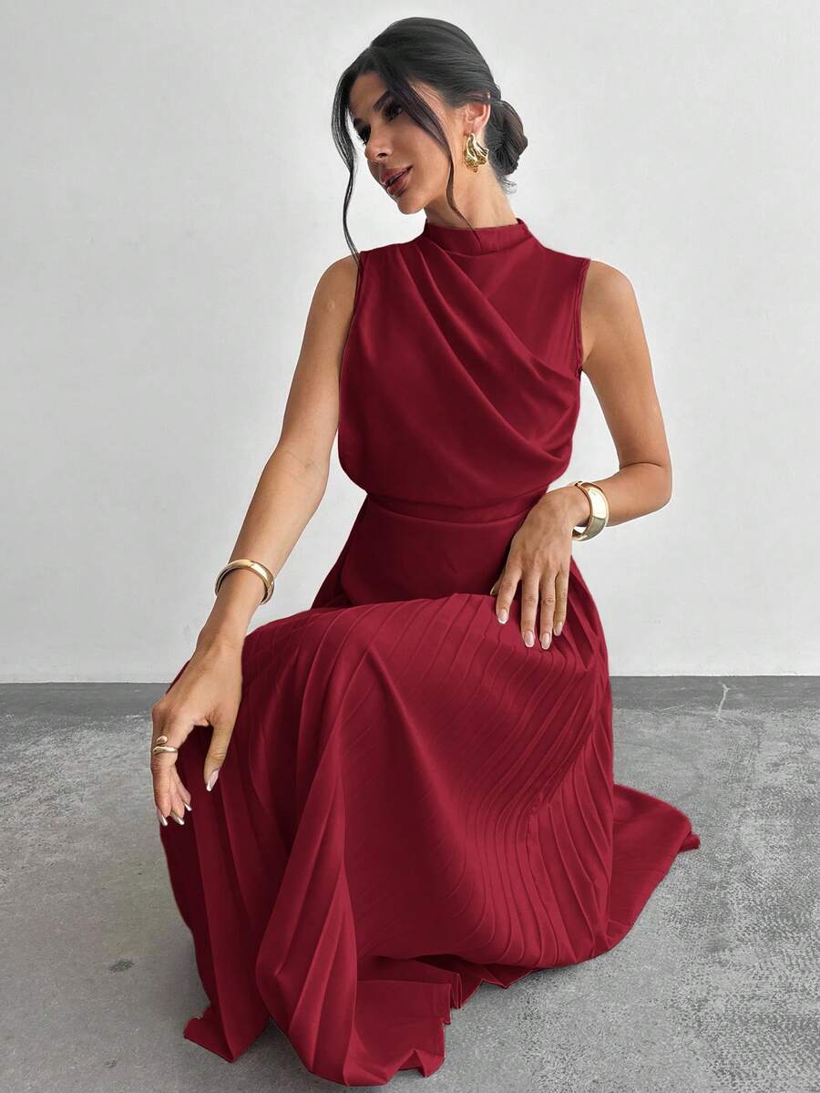 Firerie 女士优雅荷叶边无袖A字连衣裙/伞裙/返校季/校园装/派对/老钱风/外出装/派对装/办公室装/仿杏色连衣裙 - 紅色 - 查看 1