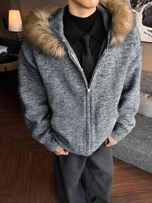 Manfinity CasualKnits Men's Zip-Up Hooded Jacket With Faux Fur Collar, Winter - Grey - View 3